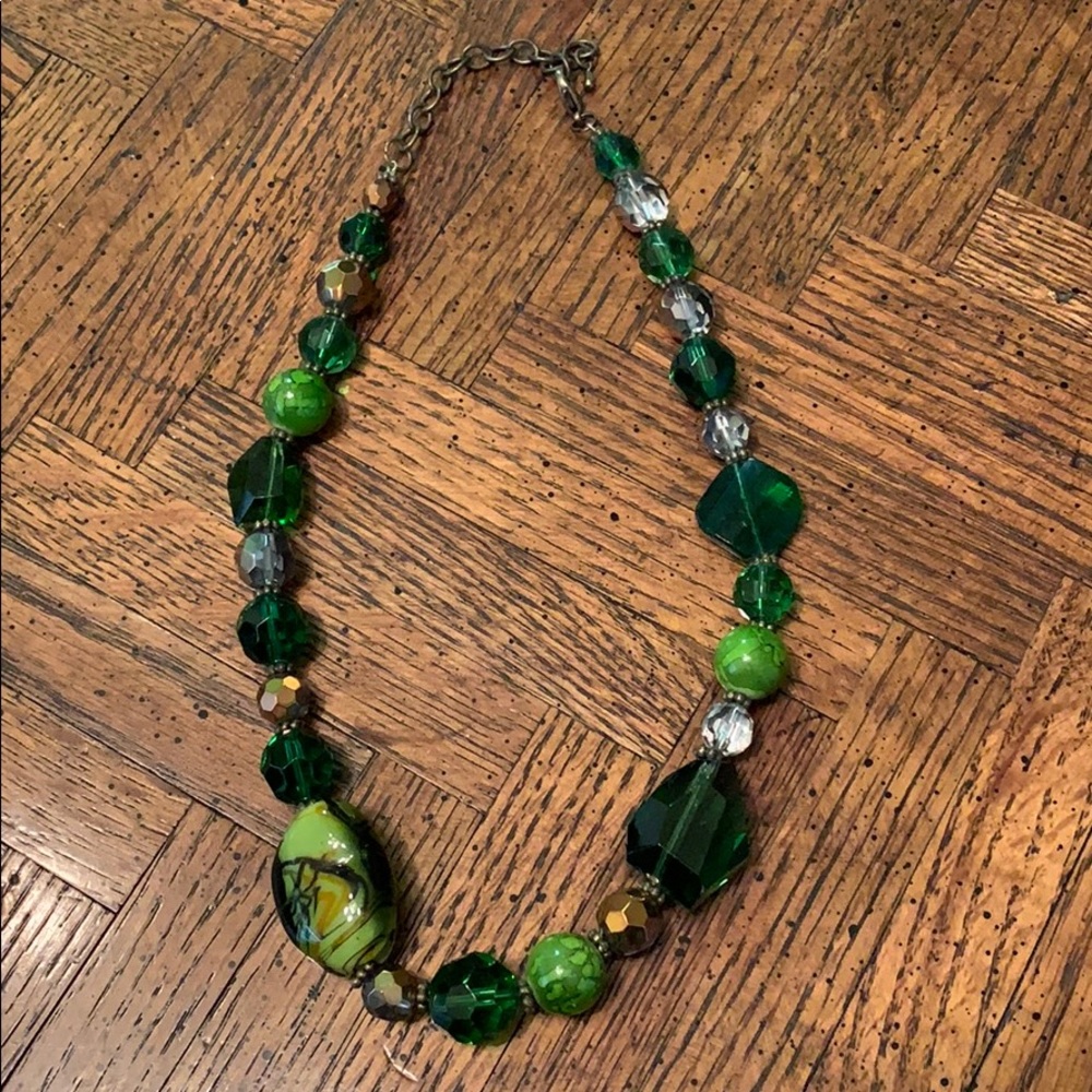 Greens &Gold Glass&Plastic Beads Necklace